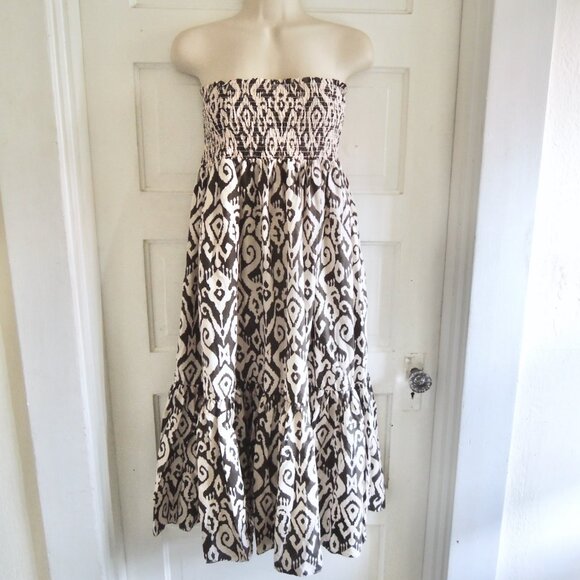 Zara Dresses & Skirts - Zara Brown & White Tribal Print Smocked Strapless Dress M